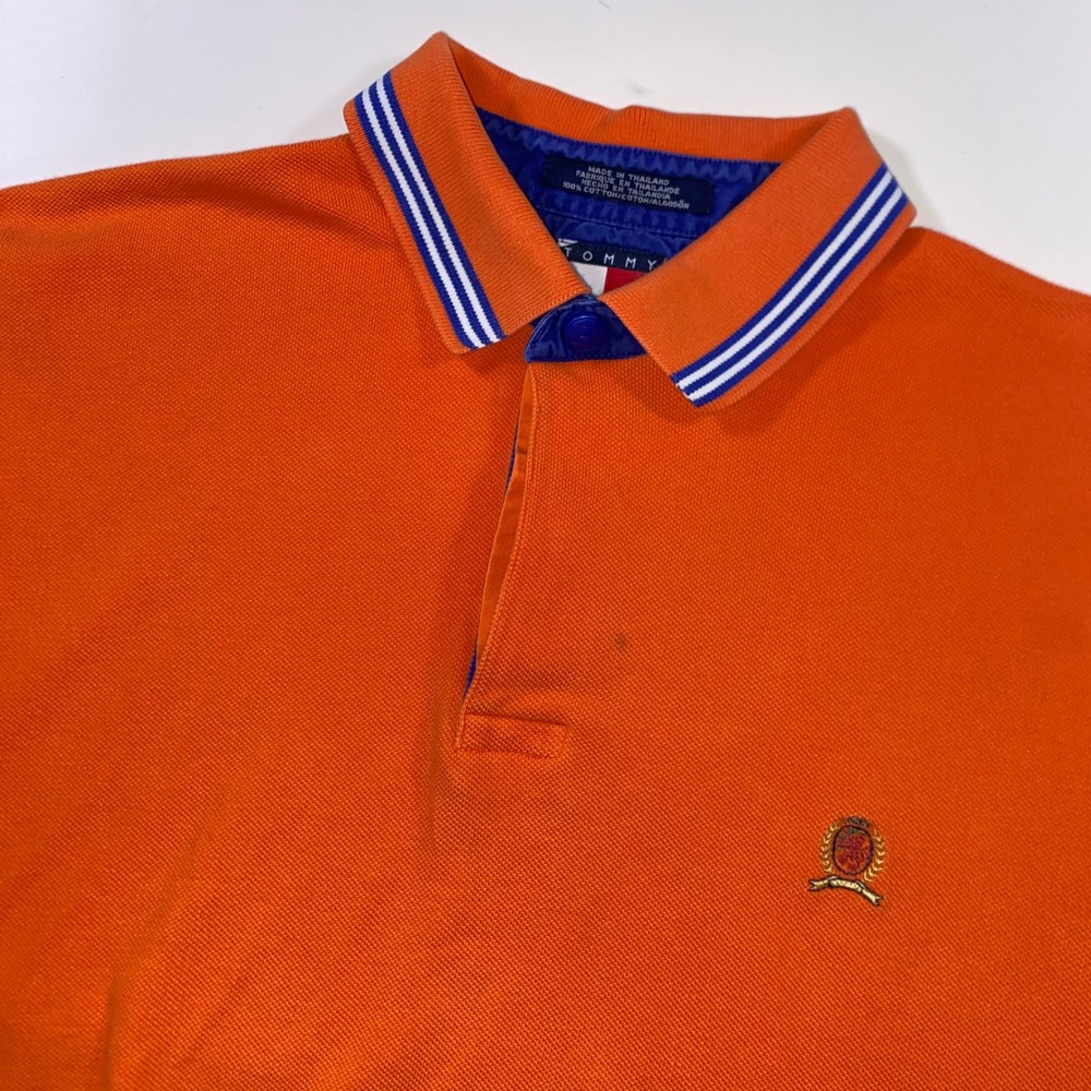 Tommy Hilfiger Mens‎ Orange Crest Polo Shirt Short Sleeve Striped Trim Size L